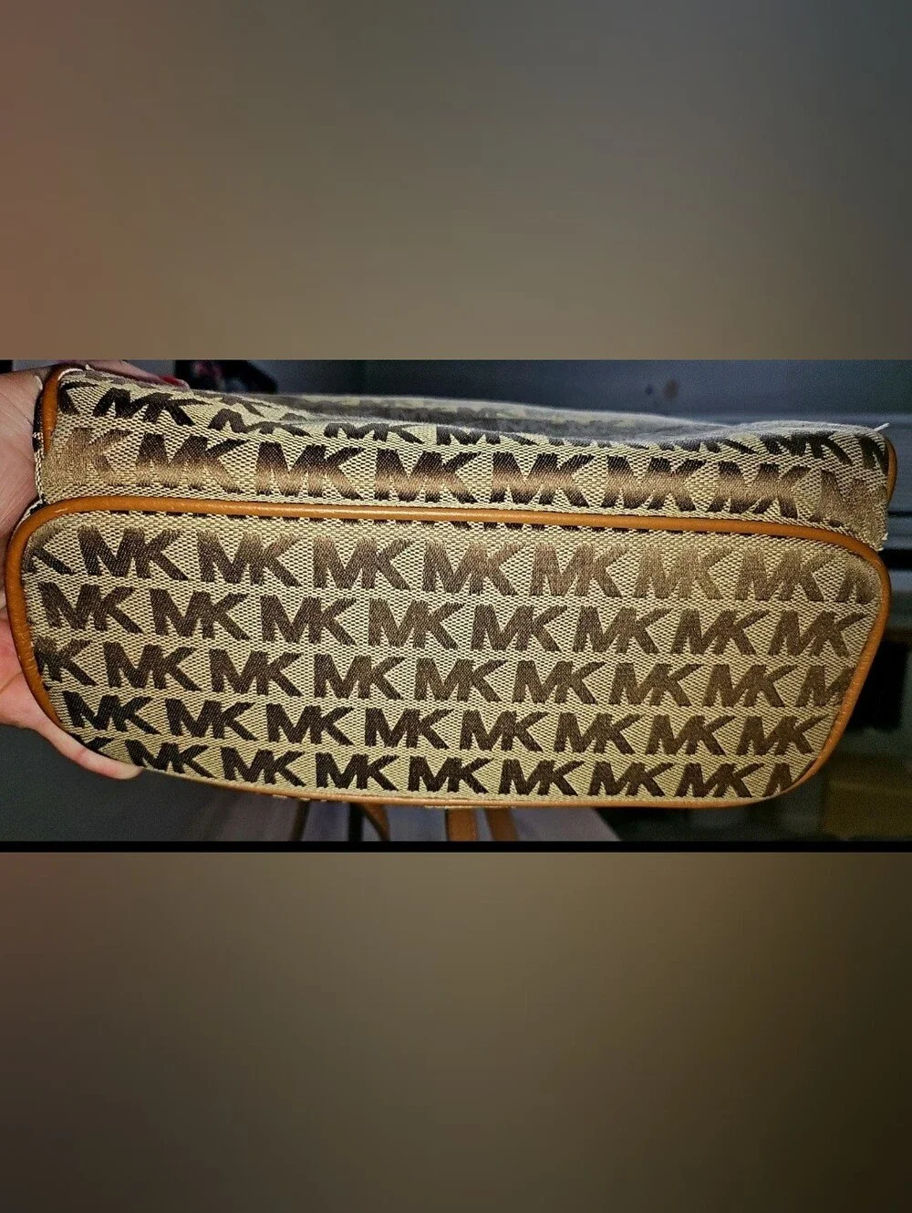 Auth. Michael Kors Abbey MK Signature Jaquard Backpack Beige/Ebony Medium